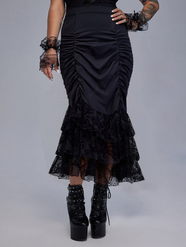 Gothic Floral Leaf Mesh Flocking Ruffles Layered Ruched Cinched Skirt