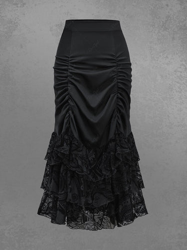 Gothic Floral Leaf Mesh Flocking Ruffles Layered Ruched Cinched Skirt