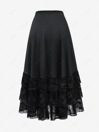 Gothic Floral Leaf Mesh Flocking Ruffles Layered Ruched Cinched Skirt