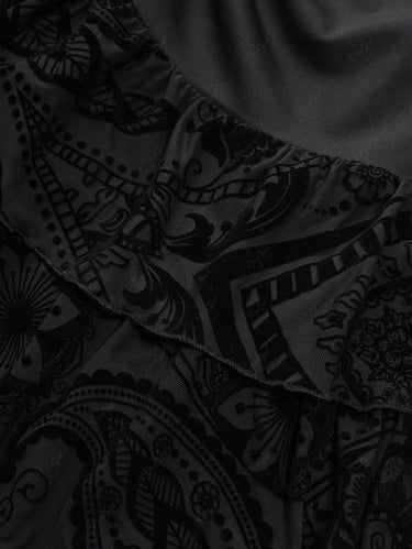 Gothic Floral Leaf Mesh Flocking Ruffles Layered Ruched Cinched Skirt