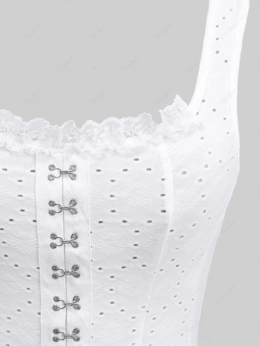 Gothic Pointelle Hollow Out Jacquard Embroidered Lace Trim Peplum Hem Hook and Eye Tank Top