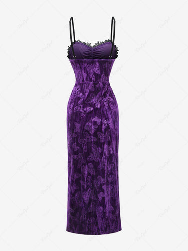 Gothic Plus Size Butterfly Velvet Embossed Ruffles Split Cross Decor Rose Flower Applique Trim Ruched Cami Dress