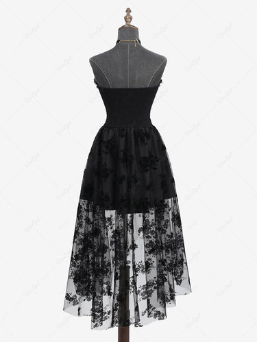 Gothic Floral Mesh Flocking Overlay Sheer Hook and Eye Ruffles Bowknot Lace Trim Dress