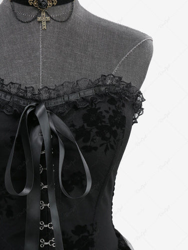 Gothic Floral Mesh Flocking Overlay Sheer Hook and Eye Ruffles Bowknot Lace Trim Dress