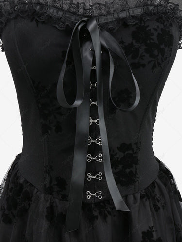 Gothic Floral Mesh Flocking Overlay Sheer Hook and Eye Ruffles Bowknot Lace Trim Dress