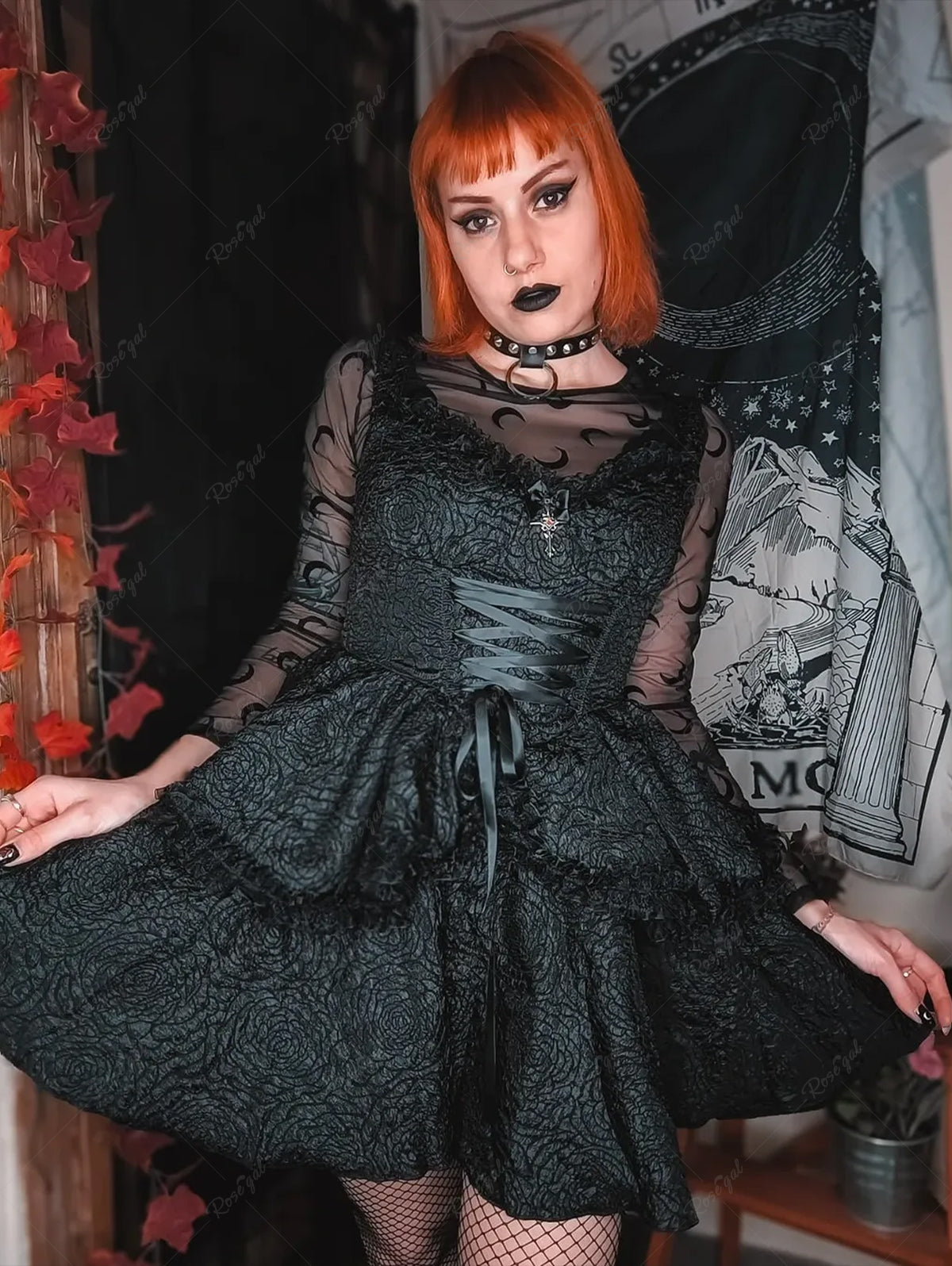 Gothic Rose Flower Jacquard Textured Lace Trim Cross Lace-up Ruffles L ...