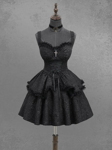 Gothic Rose Flower Jacquard Textured Lace Trim Cross Lace-up Ruffles Layered Solid A Line Tank Dress