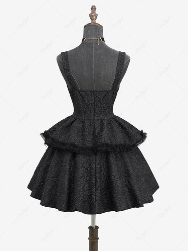 Gothic Rose Flower Jacquard Textured Lace Trim Cross Lace-up Ruffles Layered Solid A Line Tank Dress