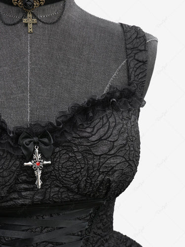 Gothic Rose Flower Jacquard Textured Lace Trim Cross Lace-up Ruffles Layered Solid A Line Tank Dress