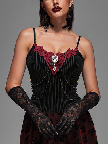 Gothic Layered Beading Chain Applique Rhinestone Decor Striped Flocking Backless Cami Top