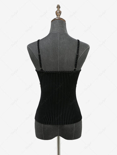 Gothic Layered Beading Chain Applique Rhinestone Decor Striped Flocking Backless Cami Top