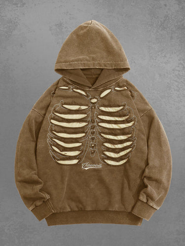 Gothic Distressed Skeleton Ripped Hollow Out Pullover Hooded Long Sleeves Pocket Hoodie For Men