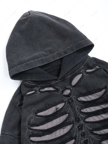 Gothic Distressed Skeleton Ripped Hollow Out Pullover Hooded Long Sleeves Pocket Hoodie For Men
