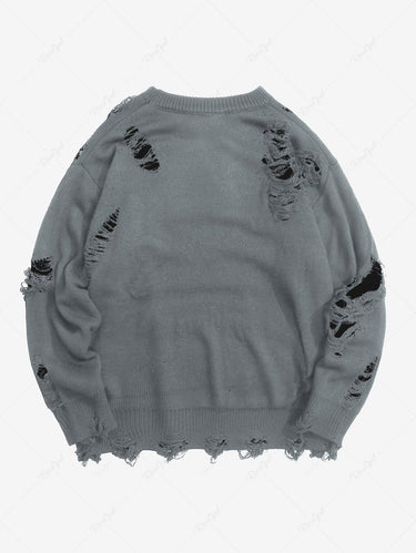 Gothic Letters Print Distressed Knitted Sweater For Men