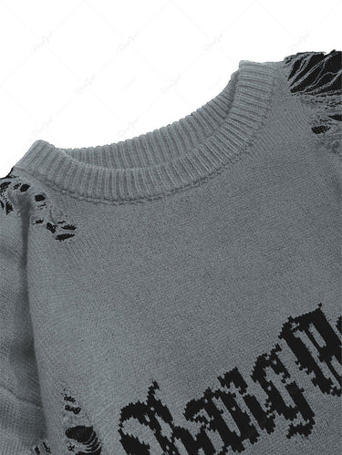 Gothic Letters Print Distressed Knitted Sweater For Men