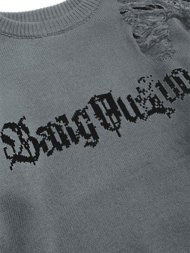 Gothic Letters Print Distressed Knitted Sweater For Men