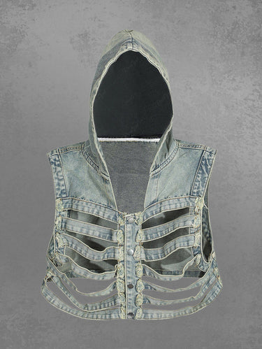 Gothic Skeleton Ladder Cut Out Buttons Denim Hooded Vest For Men