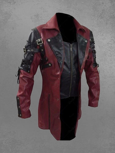 Gothic Laple Collar PU Panel Zipper Lace Up Buckle Grommets Patchwork Motorcycle Jackets For Men