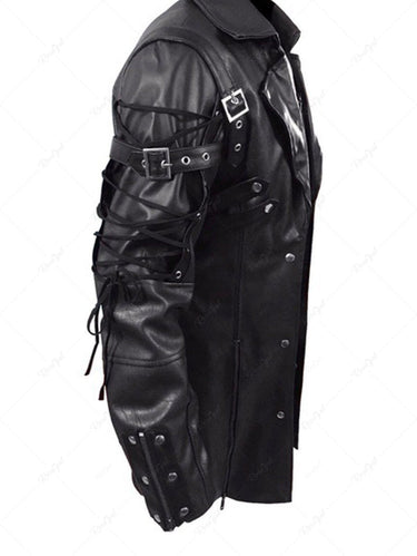 Gothic Laple Collar PU Panel Zipper Lace Up Buckle Grommets Patchwork Motorcycle Jackets For Men