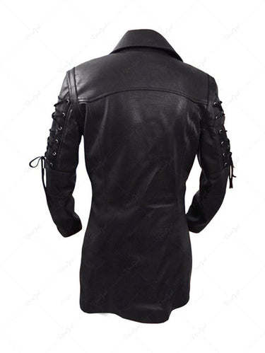 Gothic Laple Collar PU Panel Zipper Lace Up Buckle Grommets Patchwork Motorcycle Jackets For Men