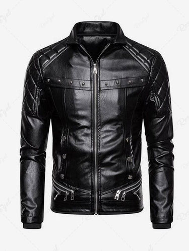 Gothic Punk PU Geometric Plaid Full Zipper Rivet Pockets Windproof Motorcycle Long Sleeves Jacket with Removable Fur Collar