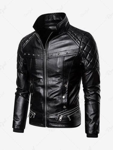 Gothic Punk PU Geometric Plaid Full Zipper Rivet Pockets Windproof Motorcycle Long Sleeves Jacket with Removable Fur Collar
