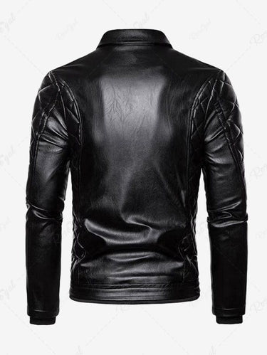 Gothic Punk PU Geometric Plaid Full Zipper Rivet Pockets Windproof Motorcycle Long Sleeves Jacket with Removable Fur Collar