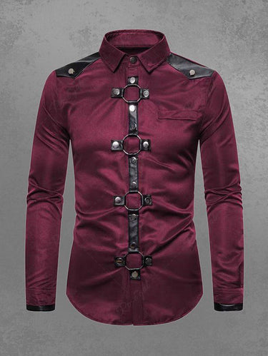 Gothic PU Strap Rivet Ring Long Sleeve Turn-down Collar Shirt For Men