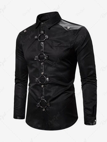 Gothic PU Strap Rivet Ring Long Sleeve Turn-down Collar Shirt For Men