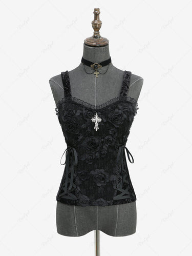 Gothic Stereo Rose Flowers Lace Jacquard Cross Lace-up Velvet Patchwork Tank Top