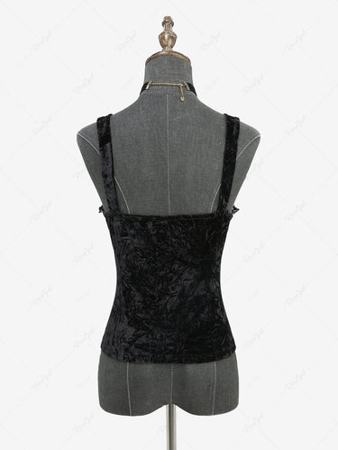 Gothic Stereo Rose Flowers Lace Jacquard Cross Lace-up Velvet Patchwork Tank Top