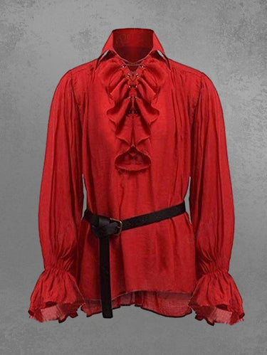 Ruffles Lettuce Collar Lace Up Renaissance Shirt For Men