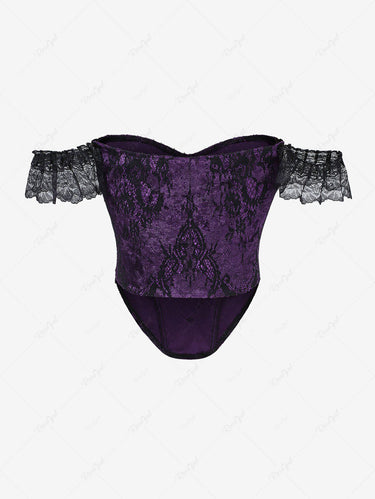 Gothic Applique Floral Lace Overlay Off The Shoulder Glitter Sparkling Buckle Peplum Hem Corset