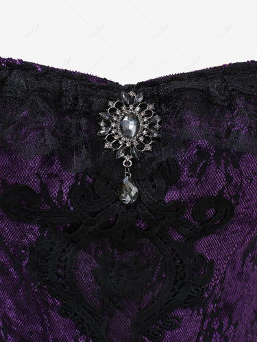 Gothic Applique Floral Lace Overlay Off The Shoulder Glitter Sparkling Buckle Peplum Hem Corset