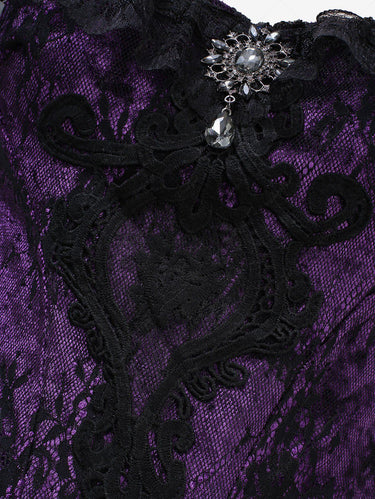 Gothic Applique Floral Lace Overlay Off The Shoulder Glitter Sparkling Buckle Peplum Hem Corset