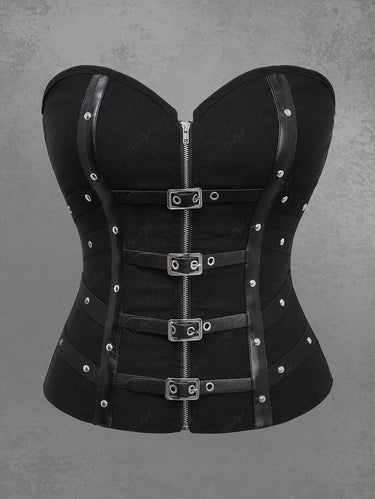 Gothic PU Strap Buckle Grommet Rivet Full Zipper Corset