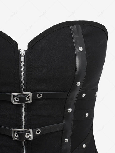 Gothic PU Strap Buckle Grommet Rivet Full Zipper Corset