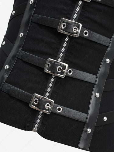 Gothic PU Strap Buckle Grommet Rivet Full Zipper Corset