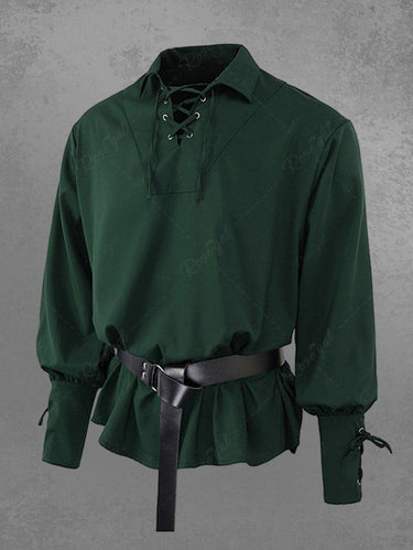 Gothic Turn-down Lace Up Solid Vintage Long Sleeves Shirt For Men