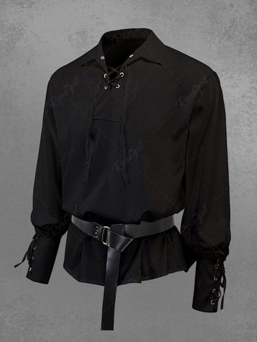 Gothic Turn-down Lace Up Solid Vintage Long Sleeves Shirt For Men
