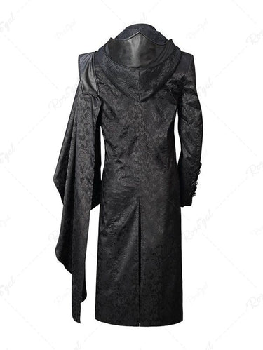 Gothic Punk Floral Jacquard Embroidered PU Panel Buttons Cross Zipper Asymmetric Cape Sleeves Hooded Coat For Men