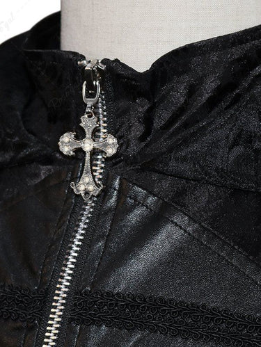 Gothic Punk Floral Jacquard Embroidered PU Panel Buttons Cross Zipper Asymmetric Cape Sleeves Hooded Coat For Men