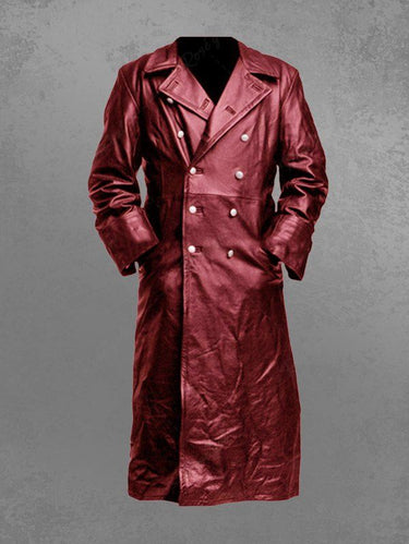 Gothic Turn-down Collar Double Breasted PU Panel Pockets Split Back Coat For Men