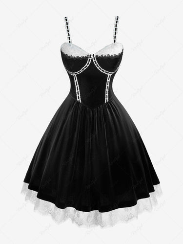 Gothic Plus Size Rose Flower Mesh Jacquard Lace Trim Contrast Piping Velvet A Line Dress