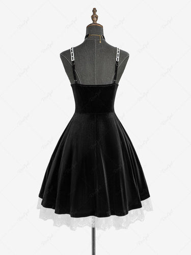 Gothic Plus Size Rose Flower Mesh Jacquard Lace Trim Contrast Piping Velvet A Line Dress