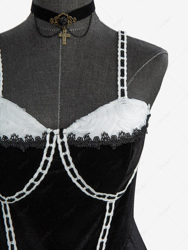 Gothic Plus Size Rose Flower Mesh Jacquard Lace Trim Contrast Piping Velvet A Line Dress