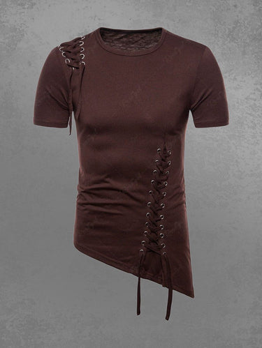 Gothic Lace Up Asymmetric Solid T-shirt For Men