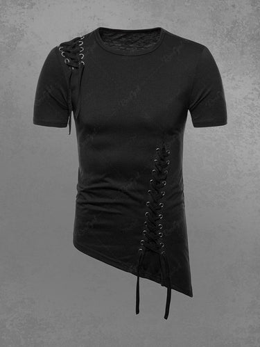 Gothic Lace Up Asymmetric Solid T-shirt For Men