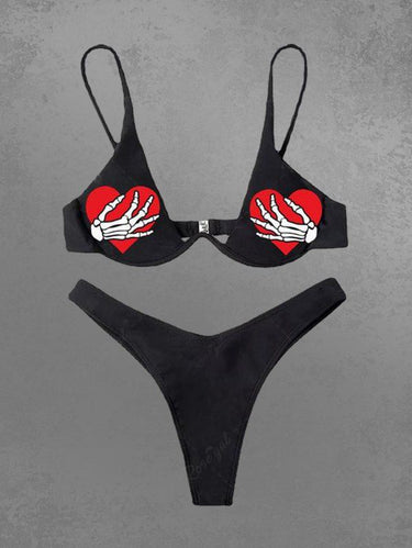 Gothic Skeleton Claw Skull Cherry Print Bikini Set