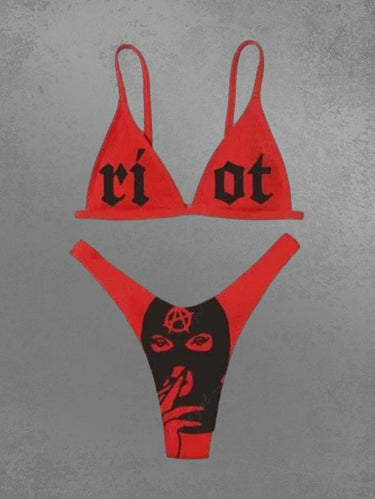 Gothic Letters Masked Head Snake Print Bikini Set